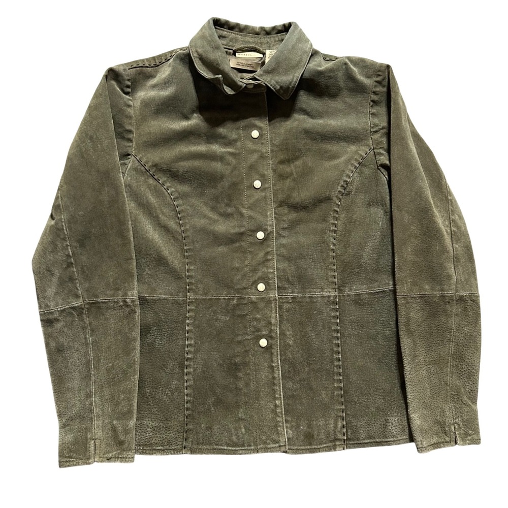 Ruff Hewn Suede Jacket Women S Olive Green Whipstitch Leather Pearl Snap